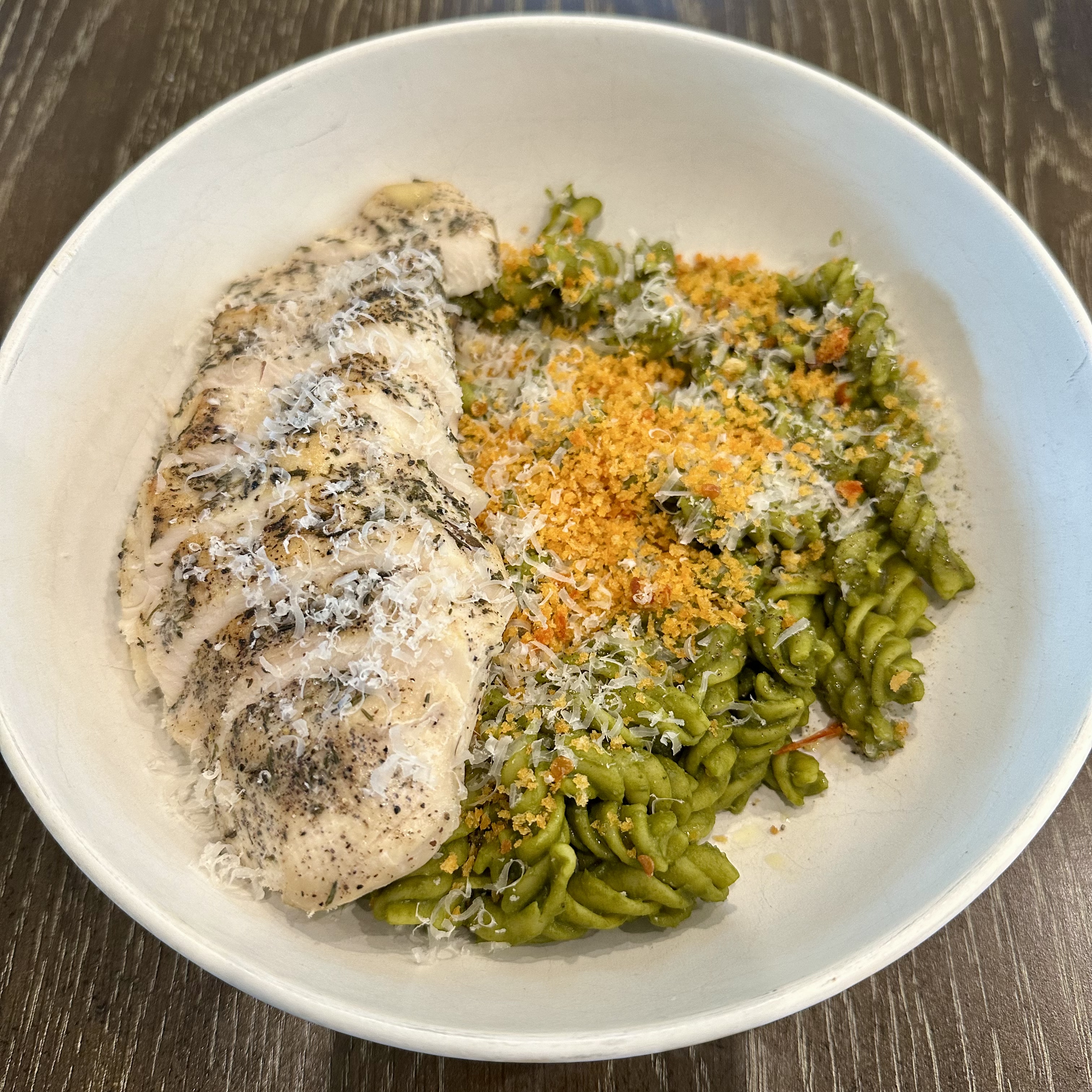 April 29th, Swamp sauce chickpea fusilli with sous vide chicken breast and toasted chili oil bread crumbs