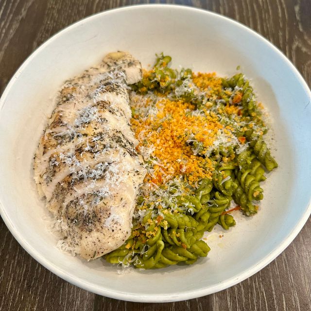 April 29th, Swamp sauce chickpea fusilli with sous vide chicken breast and toasted chili oil bread crumbs